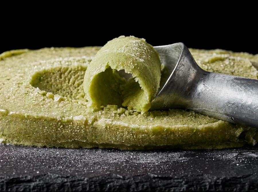 Gefrorene Matcha-Kokos-Basis — jadegrün, gescoopt