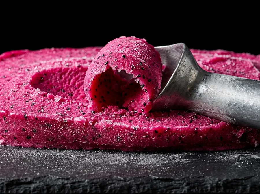 Gefrorene Pitaya-Basis — magenta-pink mit Drachenfrucht-Kernen, gescoopt